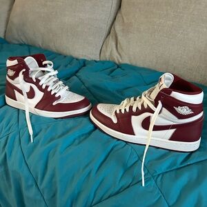 Nike White and Maroon High-Top Jordan 1s sized 8